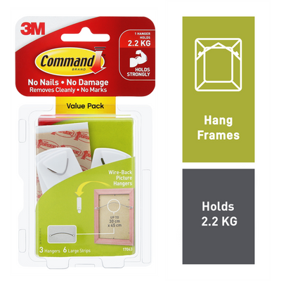 Command White Picture Hanger 3 Pack 2.2kg Plastic Damage-Free