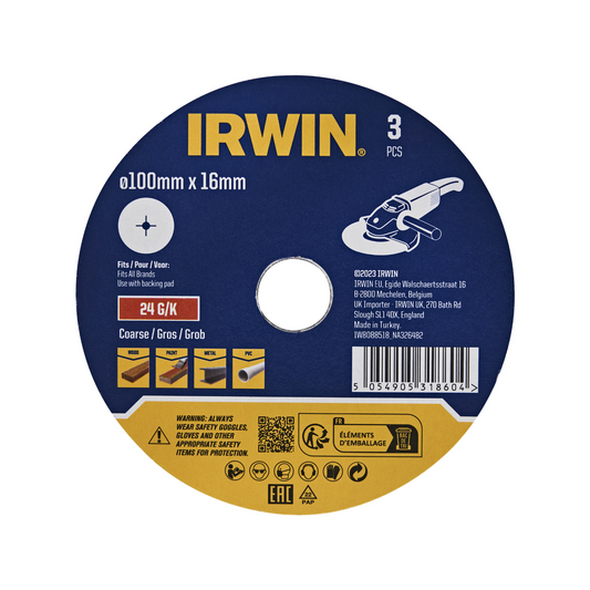 Irwin Fibre Discs 100mm 24 Grit 3 Pack - Efficient Stock Removal - Auzzistore