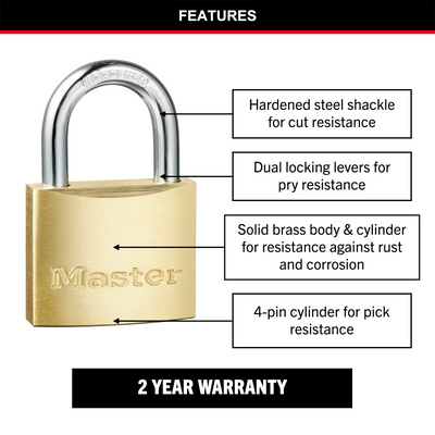 Master Lock 40mm Brass Keyed Padlock - Solid Brass - Cut Resistant