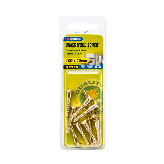Zenith Wood Screws 10g x 30mm Brass Countersunk Head 10 Pack - Auzzistore