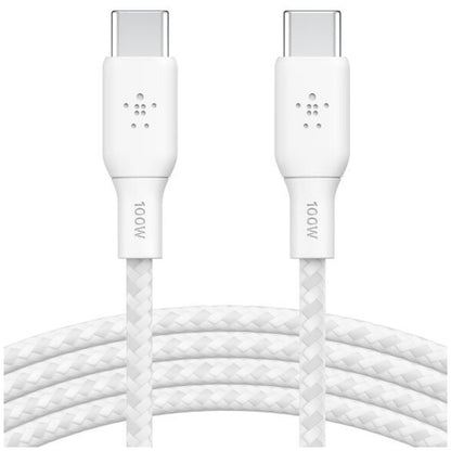 Belkin BoostCharge 2m White 100W USB-C to USB-C Cable CAB014BT2MWH - Durable Braided Nylon, Fast Data Transfer, 30,000 Bends, 2-Year Warranty