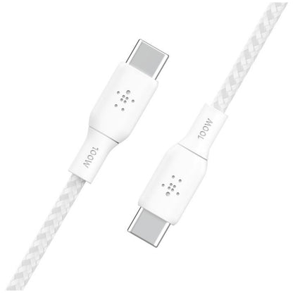 Belkin BoostCharge 2m White 100W USB-C to USB-C Cable CAB014BT2MWH - Durable Braided Nylon, Fast Data Transfer, 30,000 Bends, 2-Year Warranty