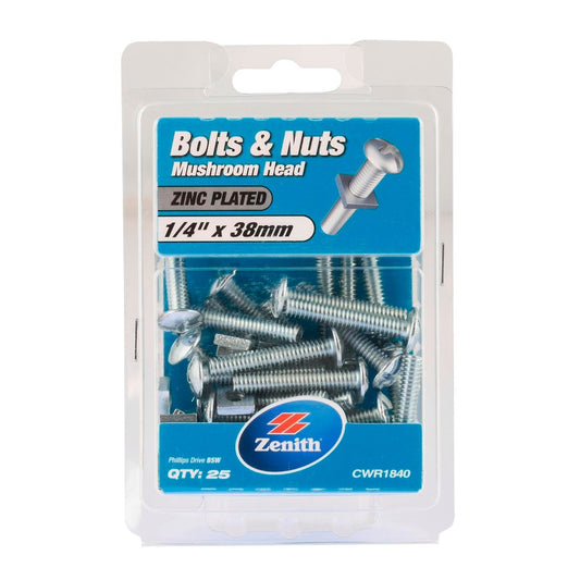 Zenith Mushroom Head Bolt and Nut 1/4 x 38mm Zinc Plated 25 Pack - Auzzistore
