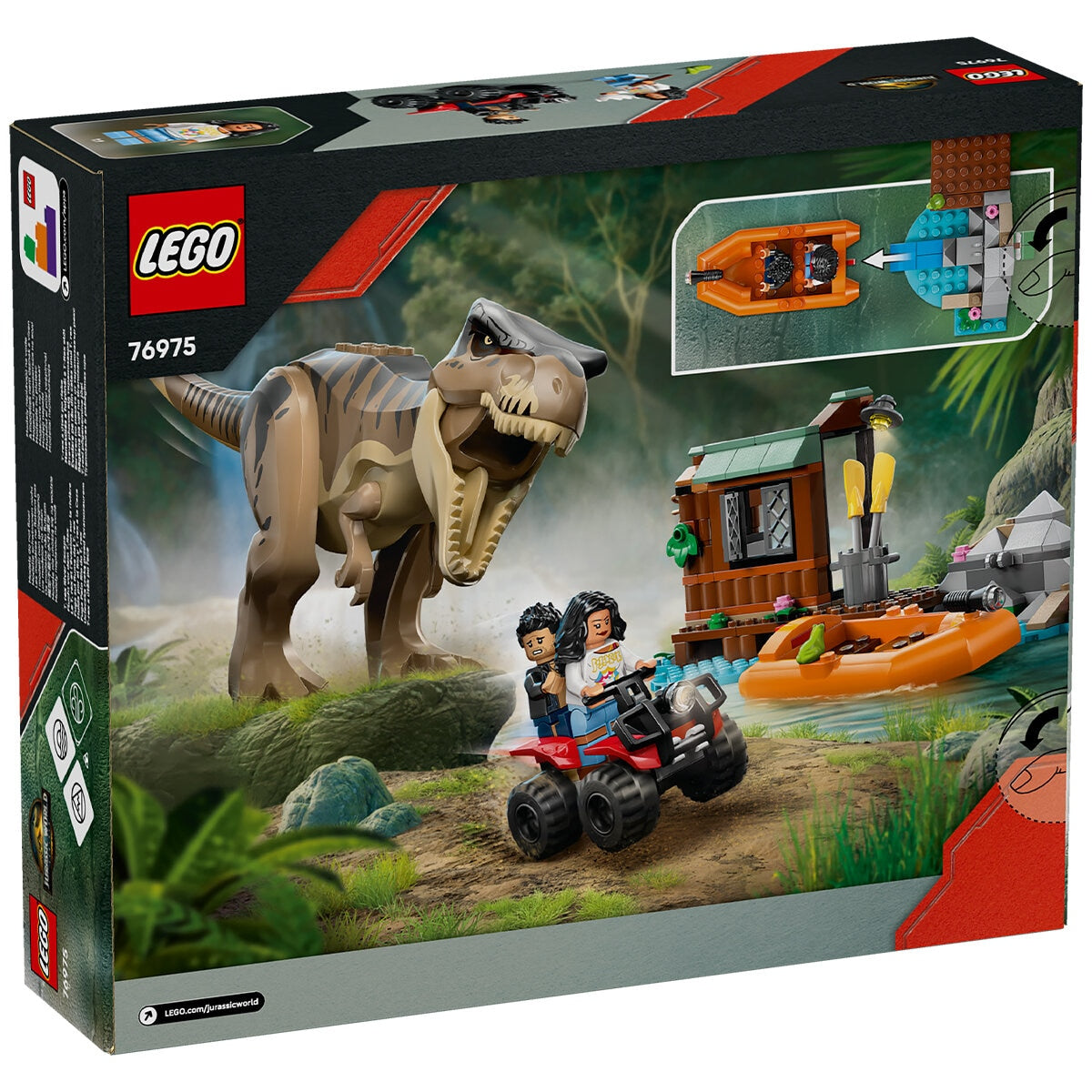 LEGO Jurassic World T. Rex River Escape 76975 Dinosaur Toy Set with Shed, Boat Launcher, and ATV - 199 Pieces
