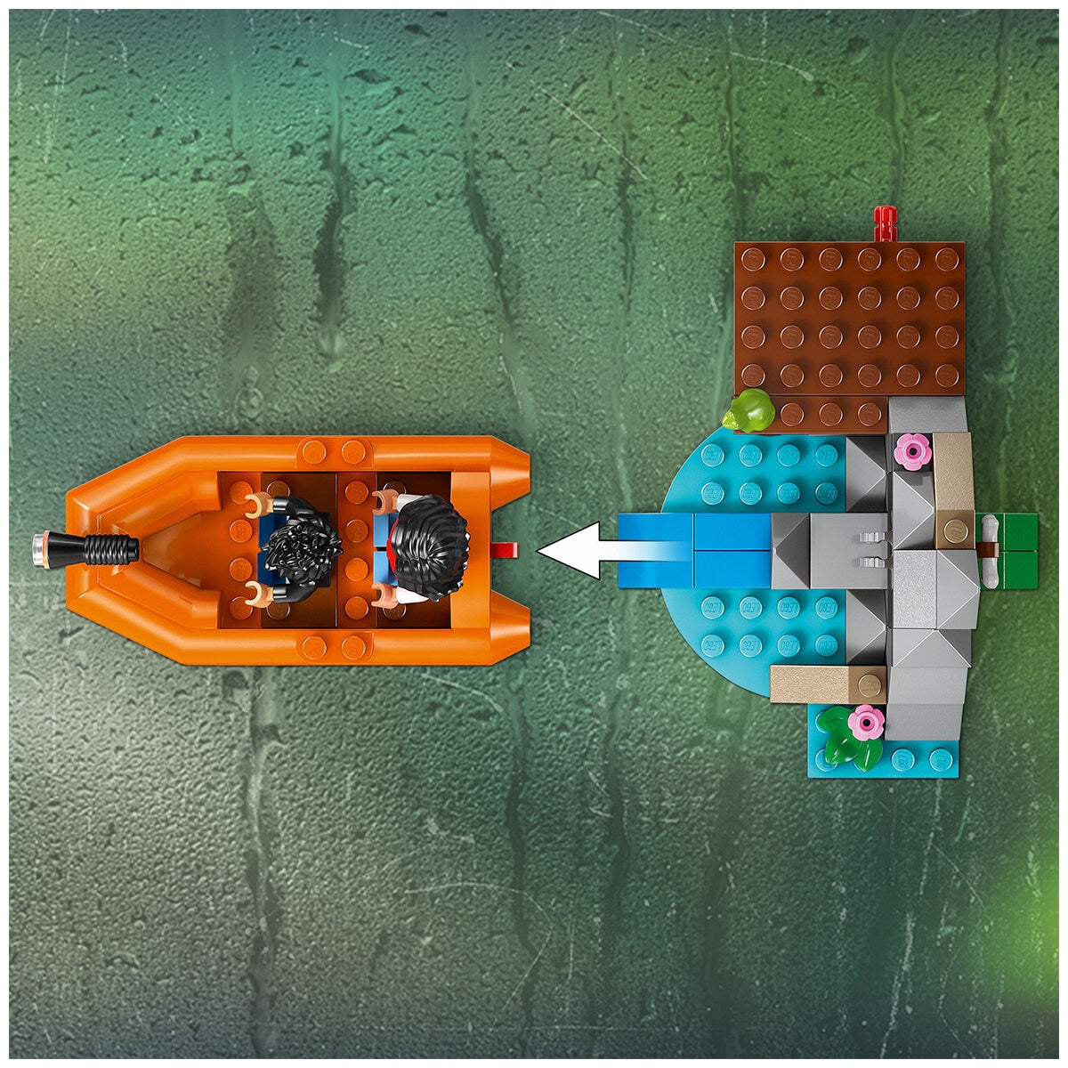 LEGO Jurassic World T. Rex River Escape 76975 Dinosaur Toy Set with Shed, Boat Launcher, and ATV - 199 Pieces