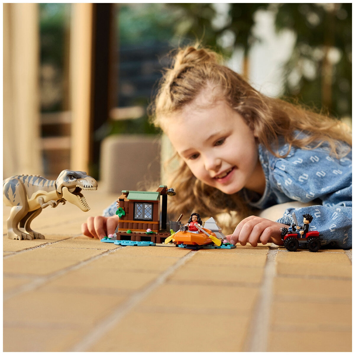 LEGO Jurassic World T. Rex River Escape 76975 Dinosaur Toy Set with Shed, Boat Launcher, and ATV - 199 Pieces