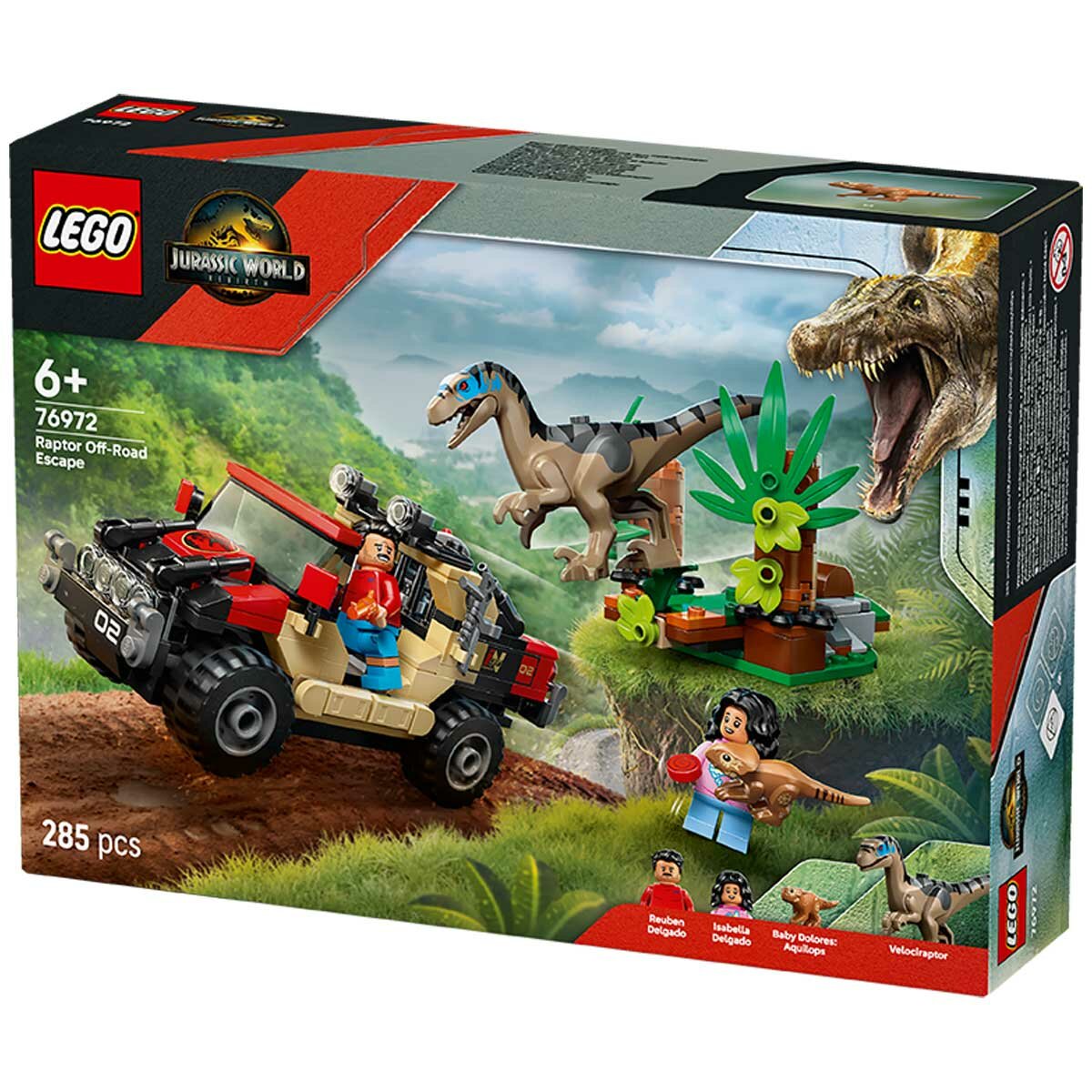 LEGO Jurassic World Raptor Off Road Escape 76972 Dinosaur Playset with Reuben and Isabella Delgado Minifigures, Baby Dolores Pet Dinosaur