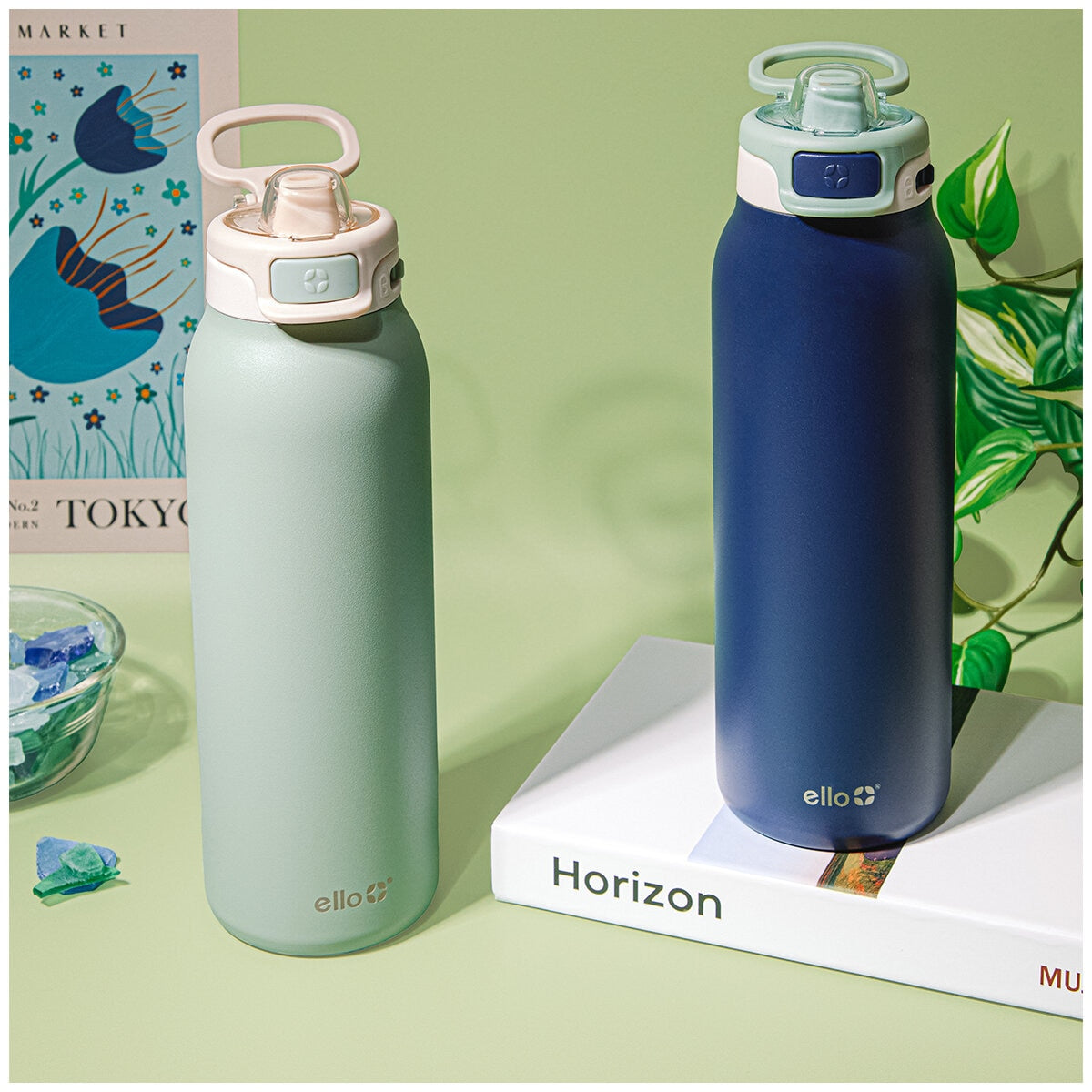 Ello Pop And Fill Insulated Stainless Steel Water Bottle 2 Pack Blue/Green 946ml