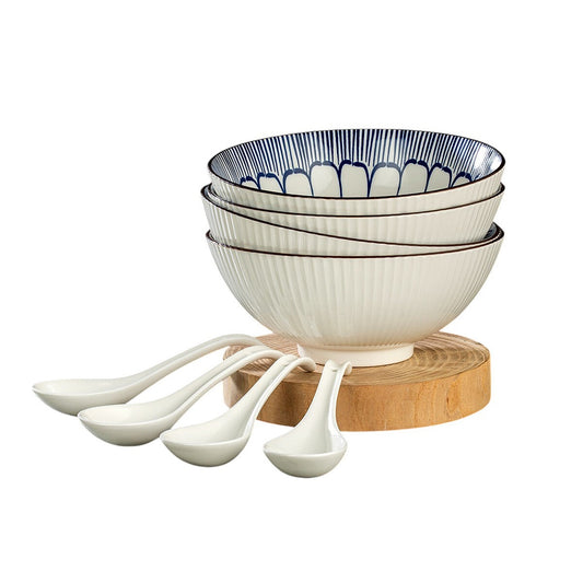 Signature Stoneware Bowls With Spoon Set - 8 Piece, Blue & White Pattern, Microwave & Dishwasher Safe – view 2