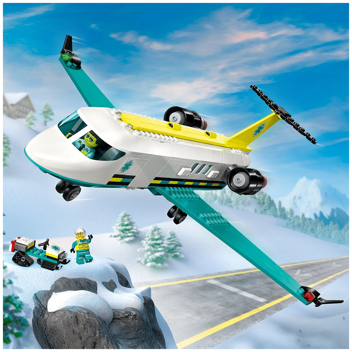 LEGO City Emergency Air Ambulance Airplane 60465 with Fold-Down Boarding Stairs, Onboard Medical Lab, Snow Scooter, Airport Scene, and 4 Minifigures