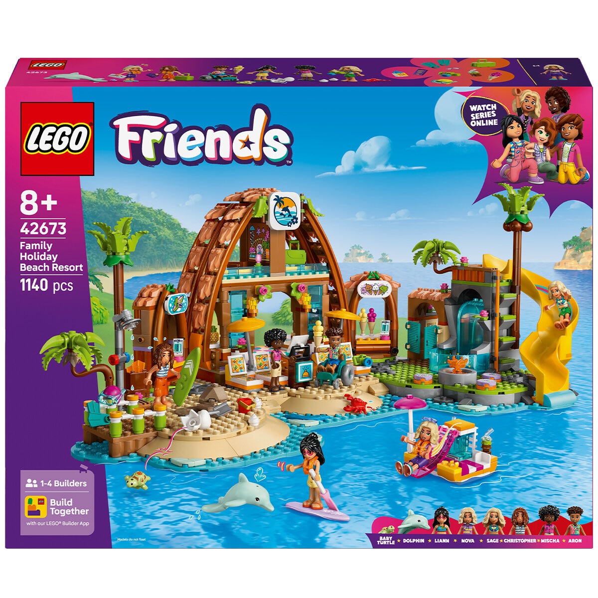 LEGO Friends Family Vacation Beach Resort 42673 | 1140 Pieces, Ages 8+ | Dolphin, Turtle, Water Sports, Ice Cream Stand, Slide, LEGO Builder App