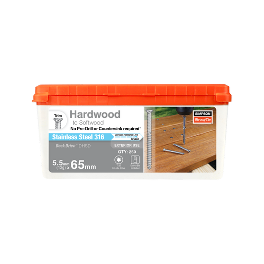 Simpson Strong Tie Decking Screws - 12G x 65mm - 316 Stainless Steel - No Predrill - Auzzistore