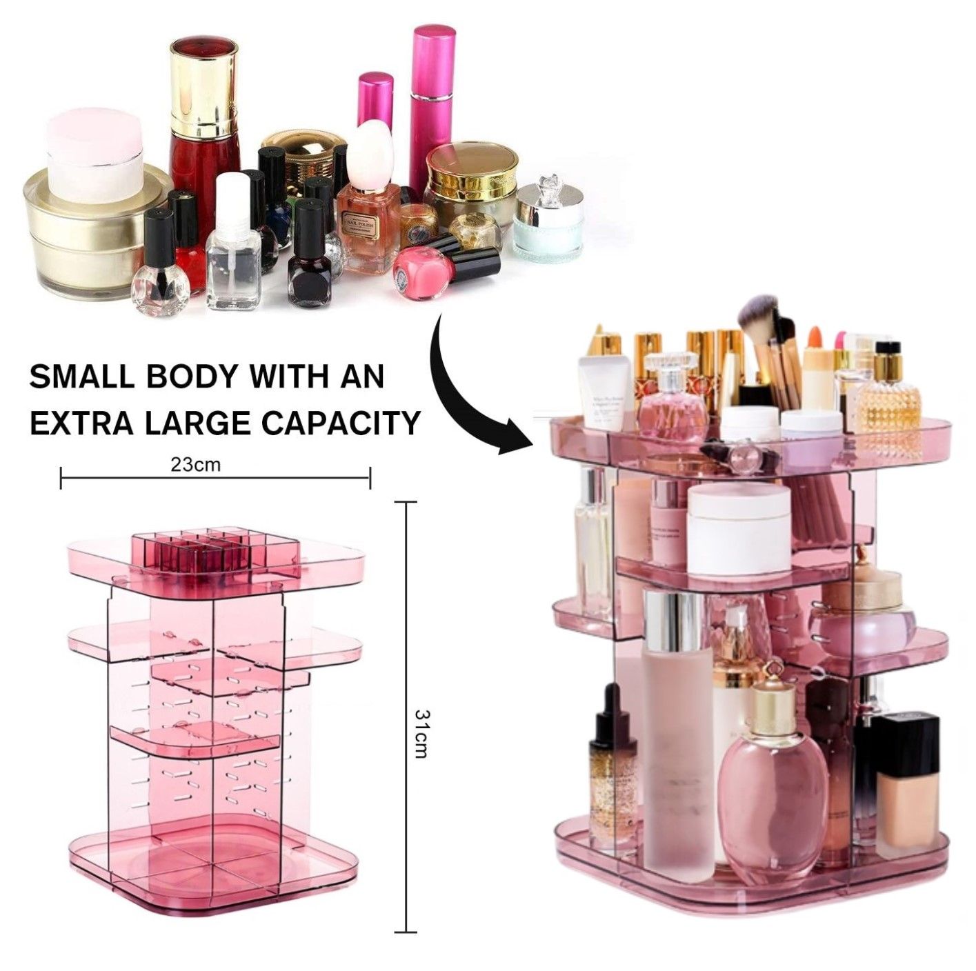 360 Rotating Large Capacity Makeup Organizer for Bedroom and Bathroom (Pink) | Auzzi Store