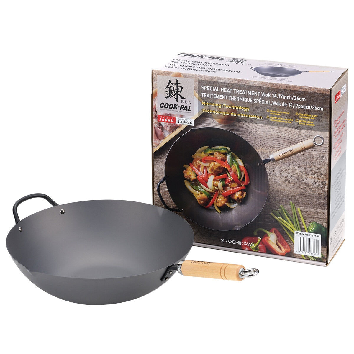 Yoshikawa Carbon Steel Cook-Pal Wok 36cm - Non-Stick Coating, Heat-Resistant Handle