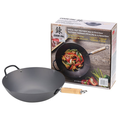Yoshikawa Carbon Steel Cook-Pal Wok 36cm - Non-Stick Coating, Heat-Resistant Handle