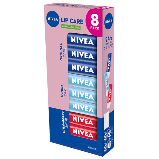 NIVEA Lip Care 8 Pack - Moisturising Lip Balms with Shea Butter & SPF15