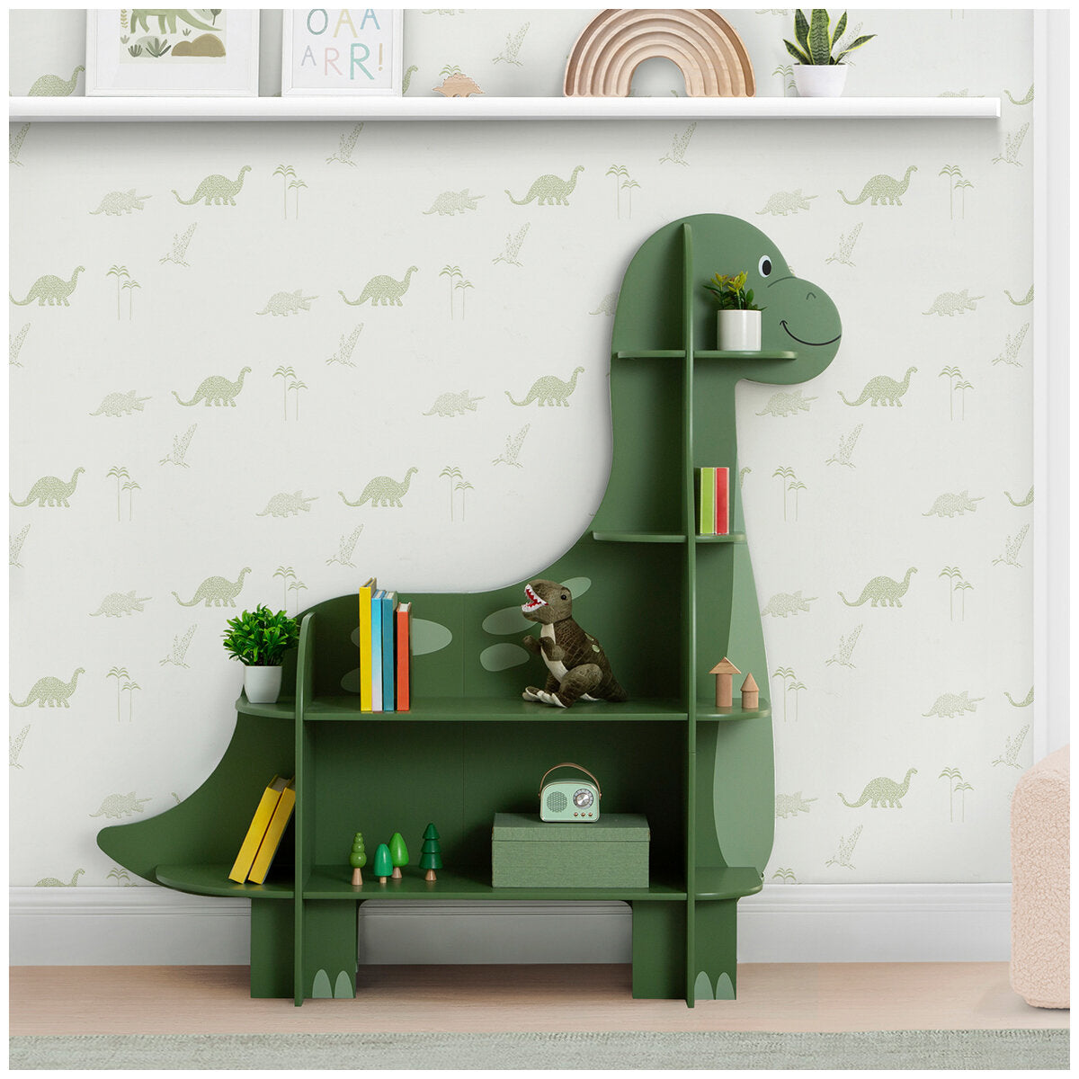 Delta Children Dinosaur Bookcase with Multiple Shelf Sizes, GREENGUARD Gold Certified, Safety Anchor Included