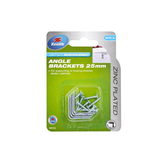 Zenith 25mm Zinc Plated Angle Brackets 4 Pack Steel Corrosion Resistant - Auzzistore