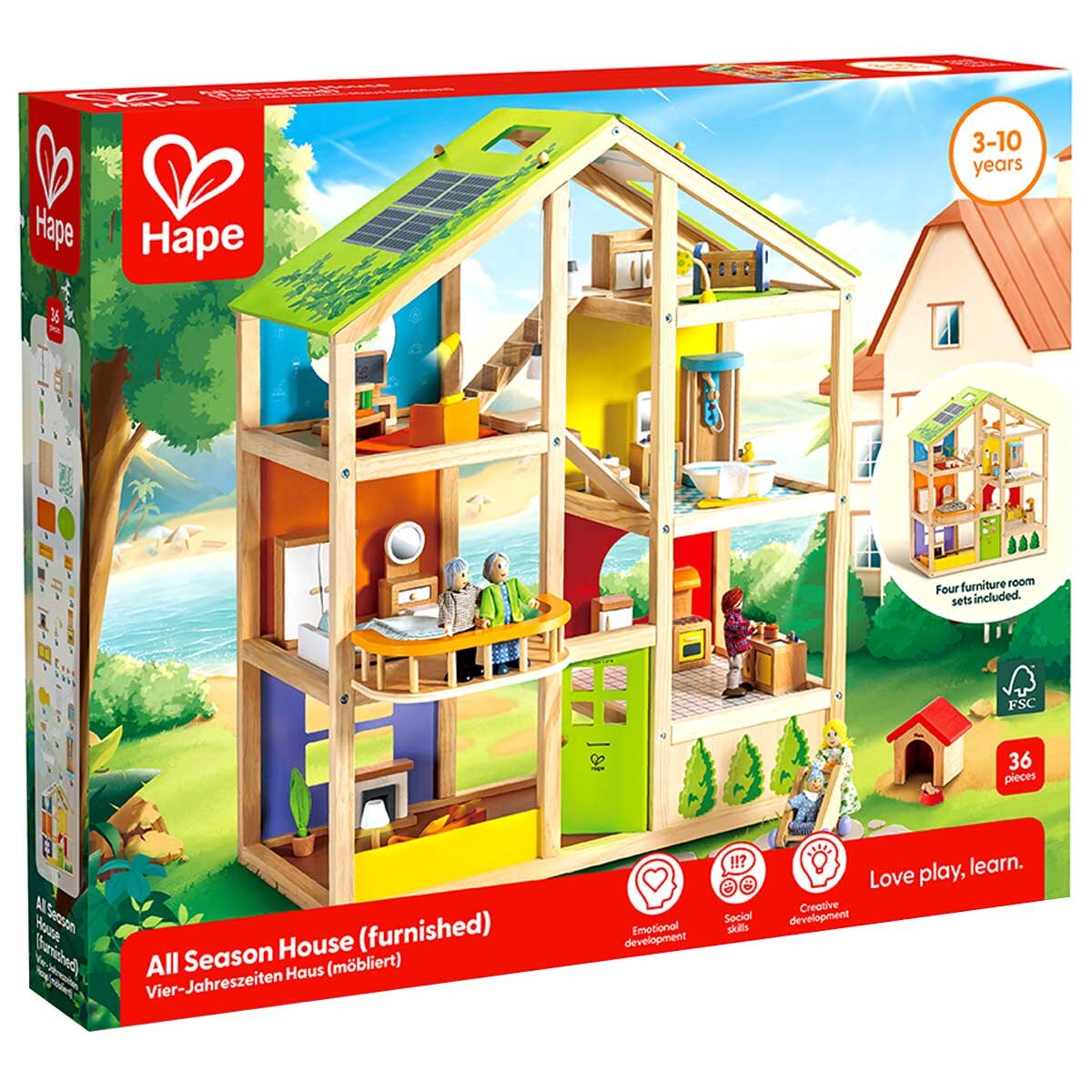 Hape All Season House - Wooden Dollhouse with Furniture & Accessories