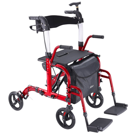Altus 2 In 1 Mobility Rollator & Transit Wheelchair Red, 136 kg Capacity, Foldable - Auzzistore
