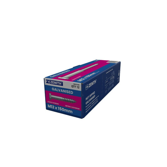 Zenith M12 Hex Head Coach Screws - 150mm - 12 Pack - Hot Dip Galvanised - Heavy-Duty - Auzzistore