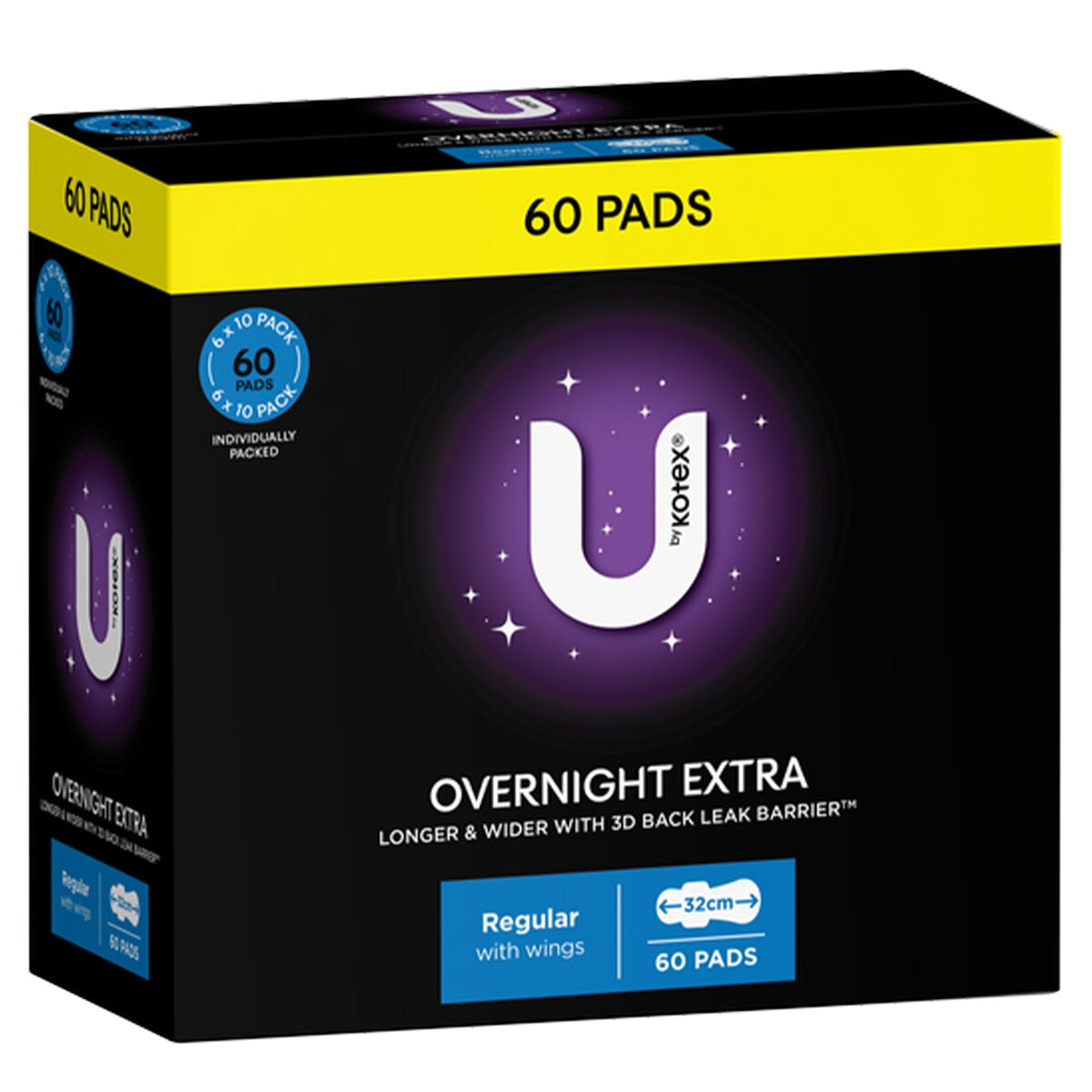U by Kotex Overnight Extra Pads with Wings, 60 Pack, 32cm, Super Absorbent
