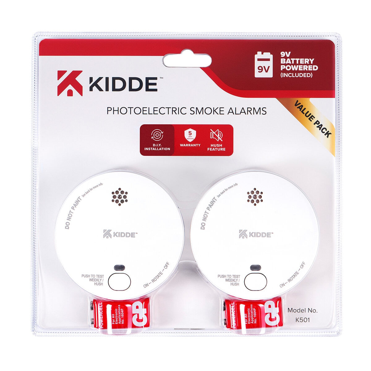 Kidde K501 Smoke Alarm 2 Pack - Photoelectric, 9V Battery, Easy Install, 5-Year Warranty - Auzzistore