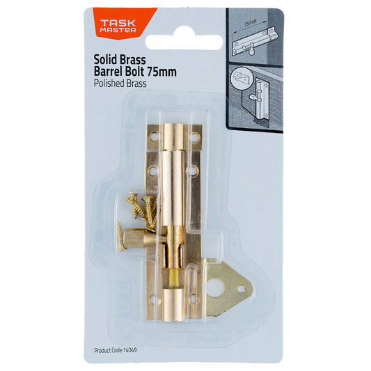 Taskmaster 75mm Polished Brass Barrel Bolt - Solid Brass Security Solution - Auzzistore