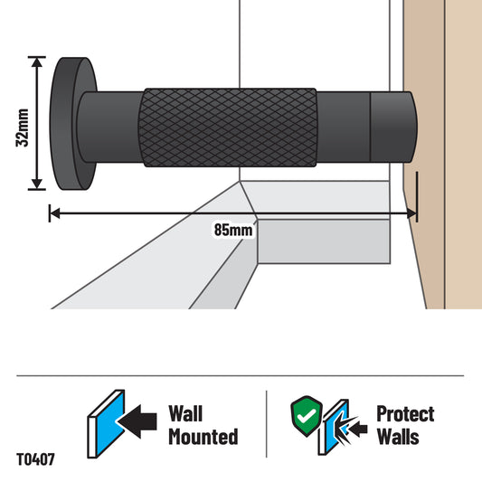 Adoored 85mm Knurled Black Monument Door Stop - Stylish Wall Protector