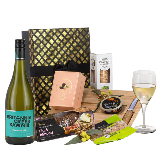 Interhampers Chardonnay Gift Box BRO1225 - Cheese Board, Wine, Crackers, Nuts, Chocolate - Auzzistore