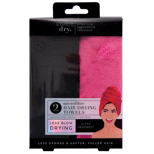 Studio Dry Microfibre Hair Towels 2 Pack SD8176PBCC - Quick Dry, Frizz Reduction, Black/Pink - Auzzistore
