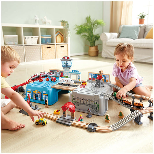 Hape Super Cityscape Transport Set E3773 - 80-Piece Railway with Battery Engine & Accessories - Auzzistore