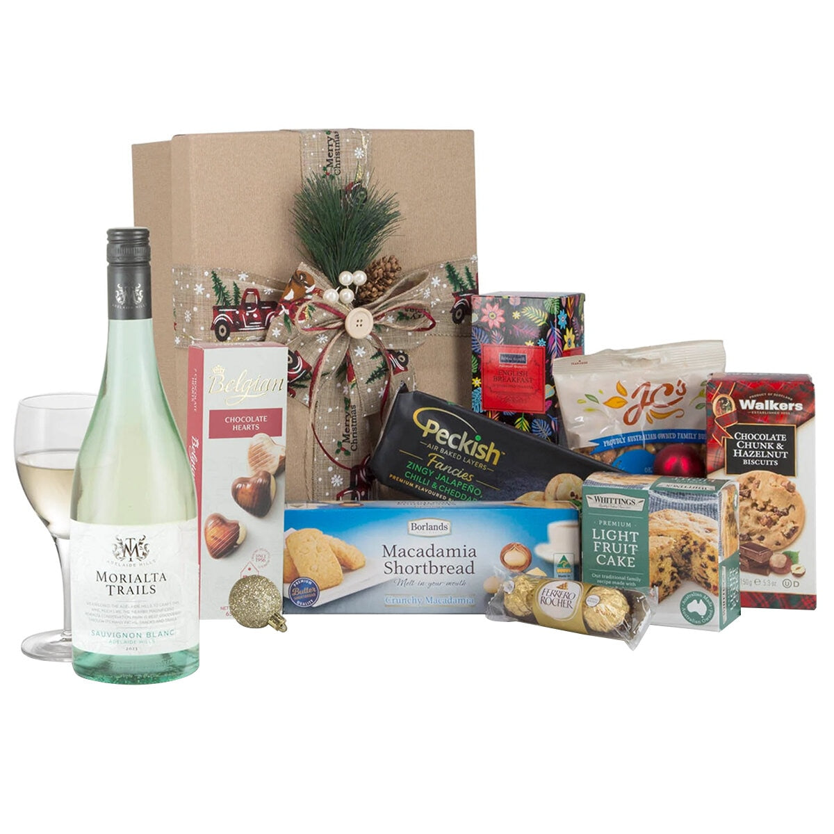 Interhampers White Christmas Giftbox Hamper BRO1525 - Wine, Biscuits, Tea, Cake, Chocolate