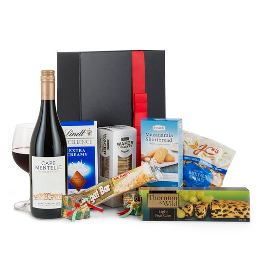 Interhampers Premium Red Gift Box BRO525 - Wine, Snacks, Lindt Chocolate, Fruit Cake - Auzzistore