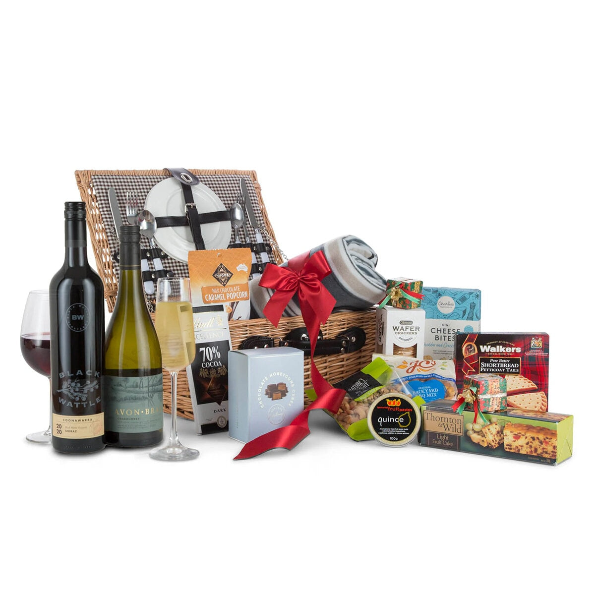 Interhampers Picnic Gift Hamper BRO4125 - Willow Basket, Wines, Snacks, Rug Included