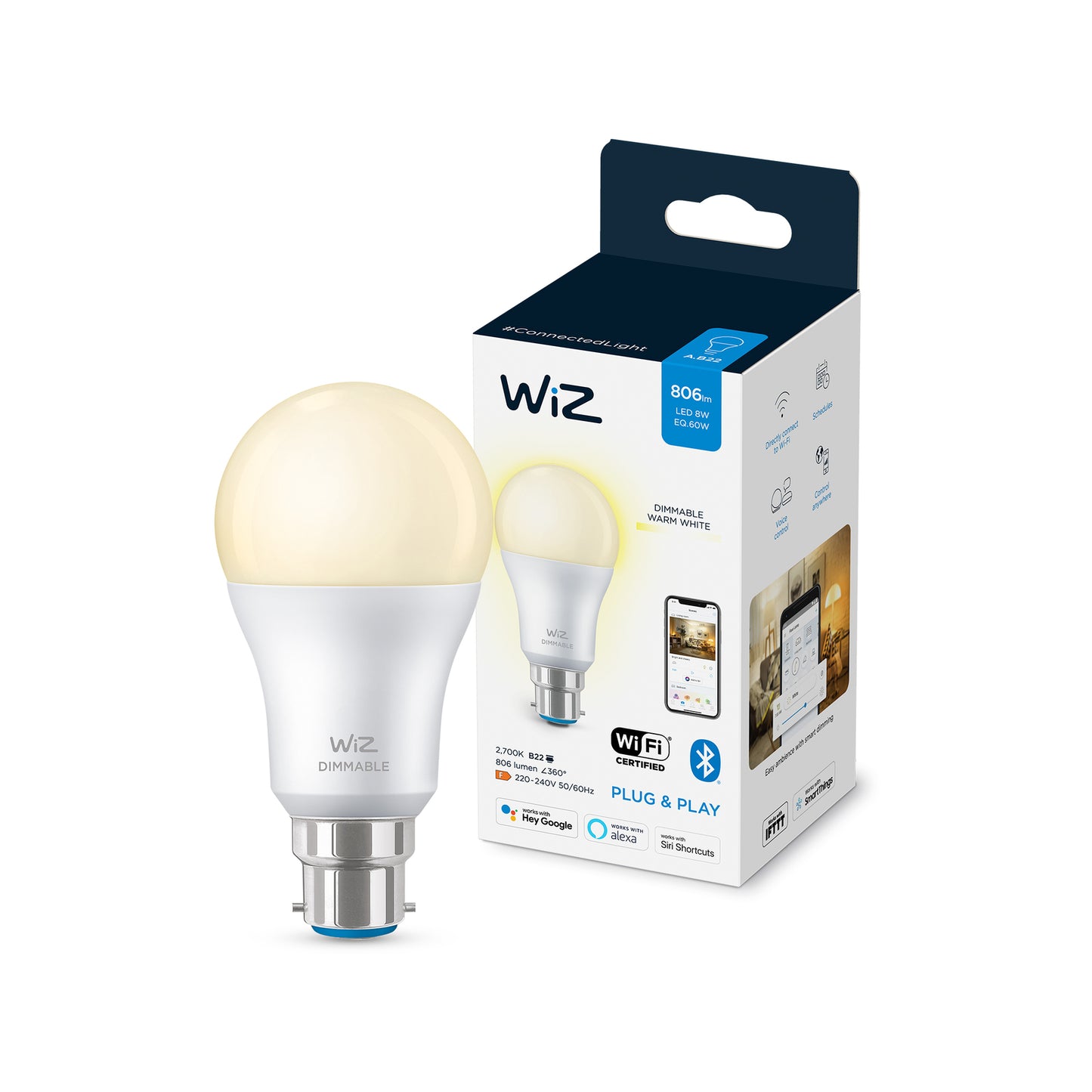 WIZ A60 B22 LED 806Lm White 8W Smart Globe