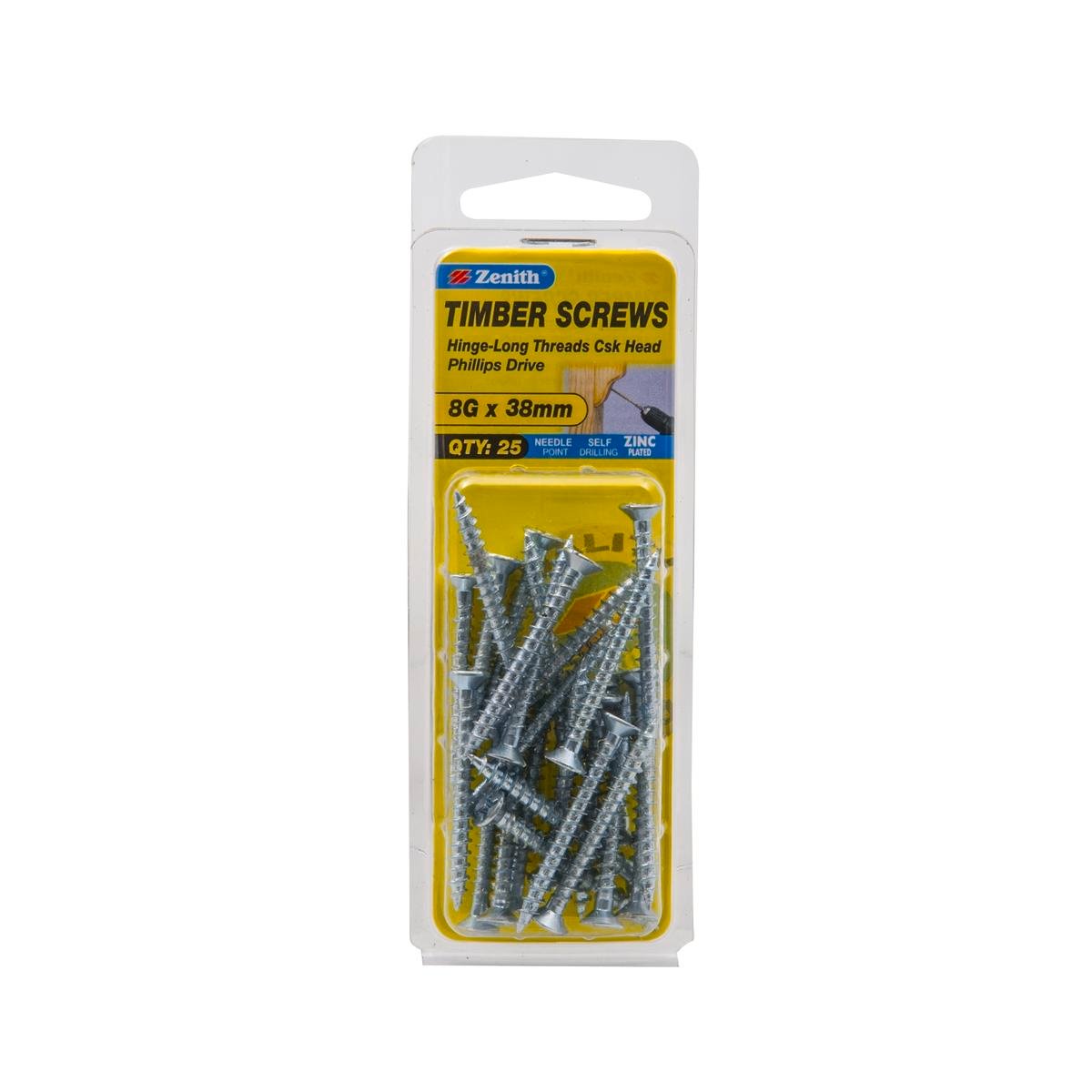 Zenith Timber Screws - 8g x 38mm - Zinc Plated - Countersunk Head - 25 Pack