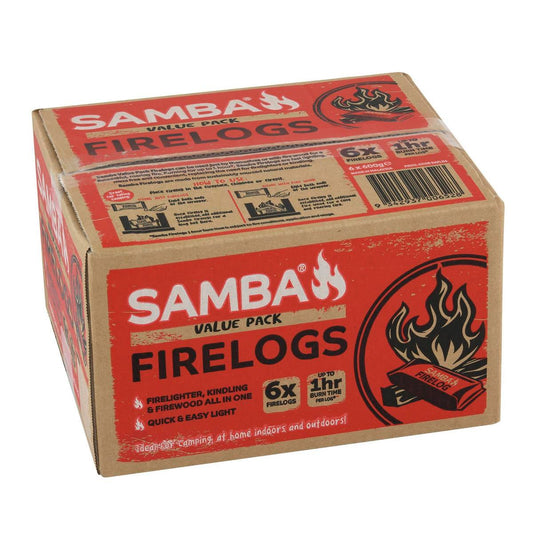 Samba 3 in 1 Fire Log 6 Pack - 254mm x 146mm x 222mm - Easy Lighting - 1 Hour Burn