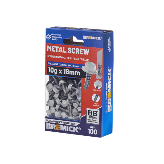 Bremick Metal Hex Screw 10g x 16mm B8 - Shale Grey - Pack of 100 - Self-Drilling - Auzzistore