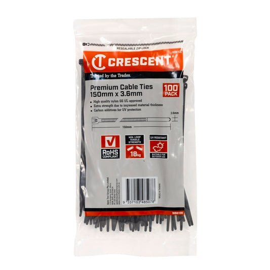 Crescent Cable Ties - 150 x 3 6mm - Black - 100 Pack - Nylon - UV Resistant