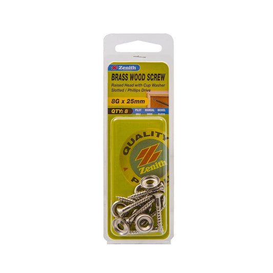 Zenith Raised Head Wood Screw - 8g x 25mm - Nickel Plated Brass - 8 Pack - Auzzistore