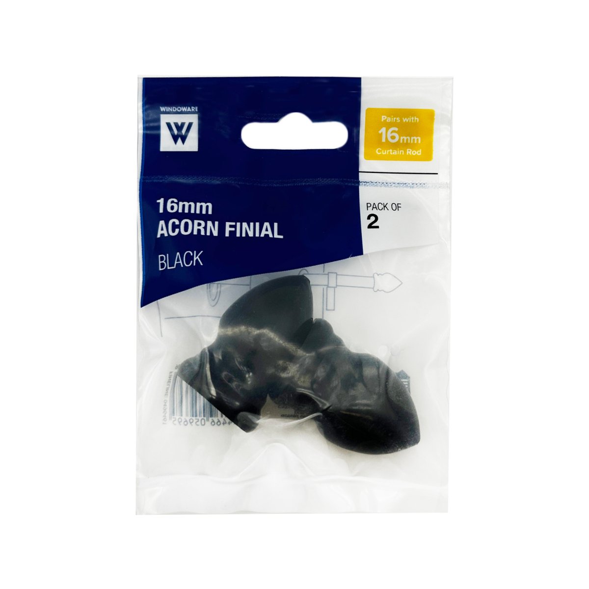 Windoware 16mm Black Curtain Rod Acorn Finial 2 Pack - Elegant Design - Easy Install