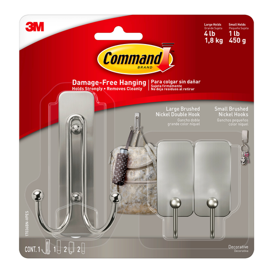 Command Brushed Nickel Hooks 3 Pack - 1 Large & 2 Small - Damage-Free Hanging - 98mm x 171mm