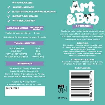 Art Bob Chicken Mint Coconut Dental Sticks - 7 Pack - Fresh Breath Support