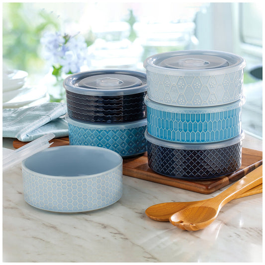Signature Housewares 6-Piece Microwavable Stoneware Bowl Set with Lids, Blue - Auzzistore