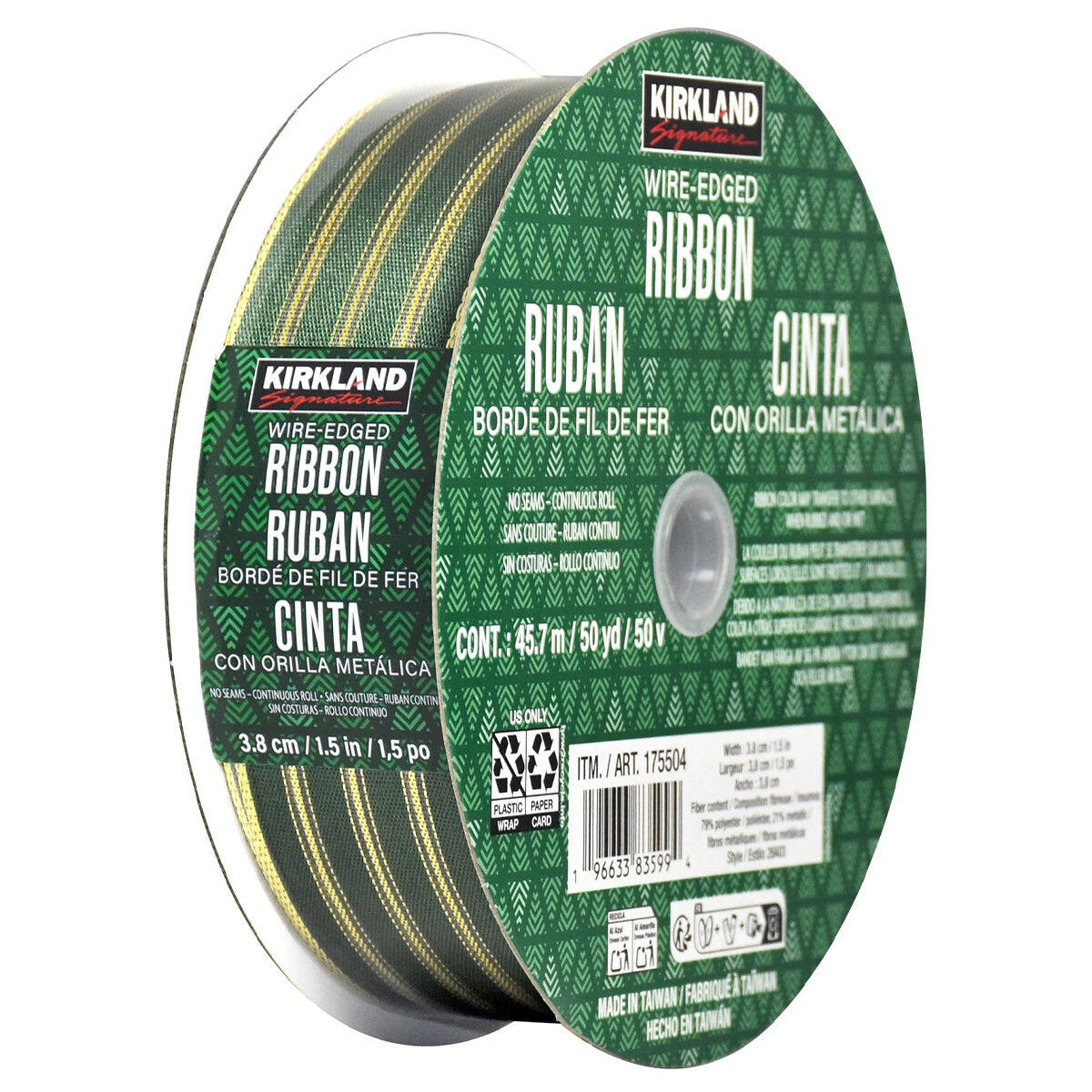 Kirkland Signature Wire Edged Ribbon Green Metallic Stripes 47mm x 160mm