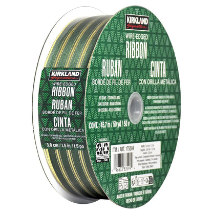 Kirkland Signature Wire Edged Ribbon Green Metallic Stripes 47mm x 160mm