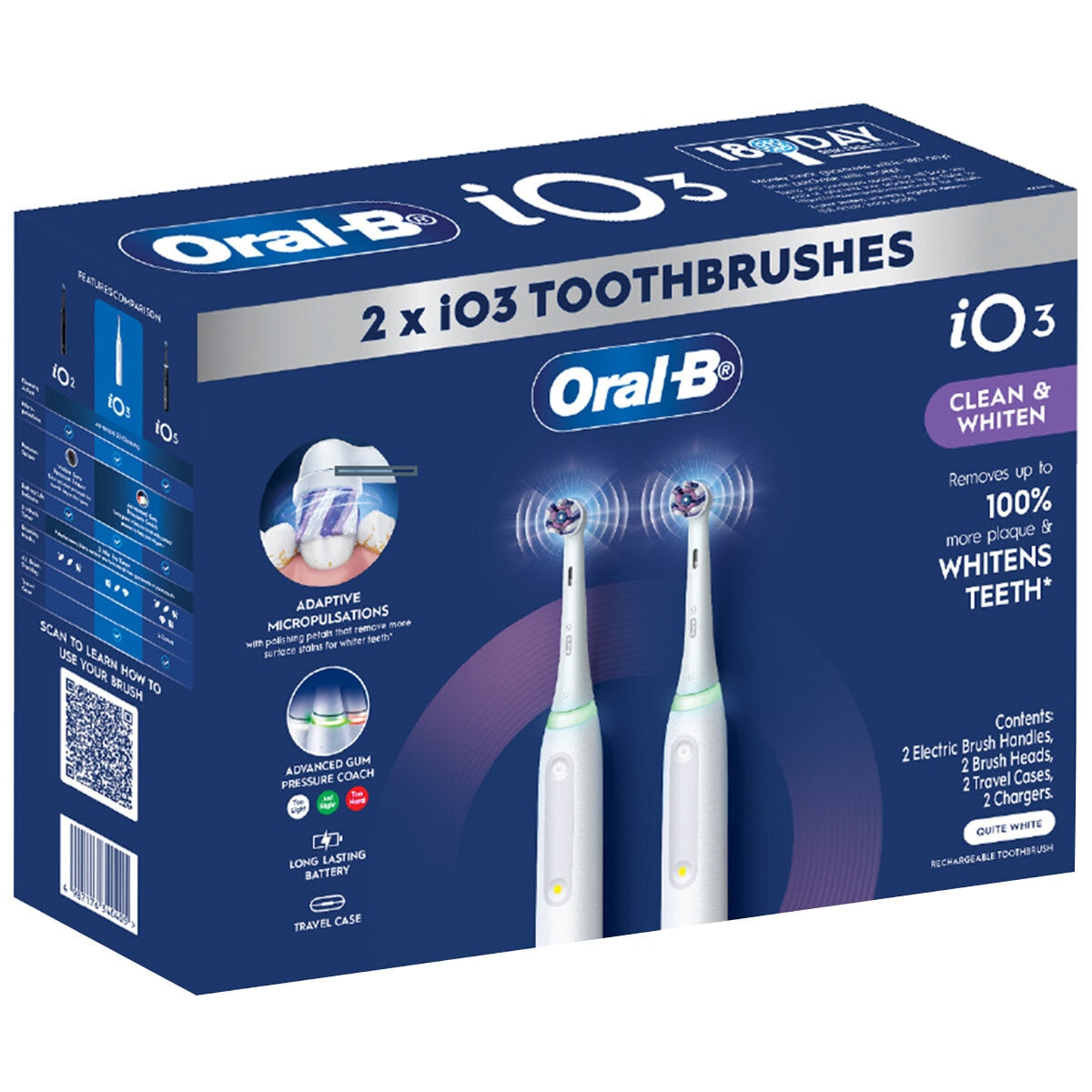 Oral-B iO Series 3 Electric Toothbrush, Dual Handle, Smart Modes, Pressure Sensor, White