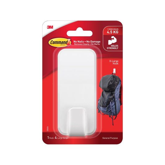 Command White Adhesive Large Hook - 4.5kg Capacity - 56mm x 171mm - Damage-Free Removal