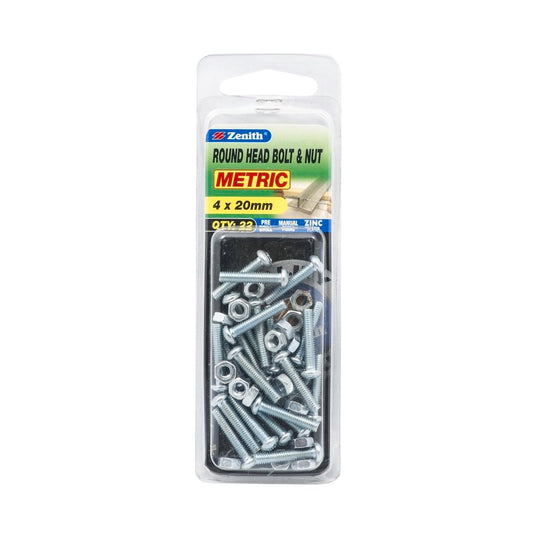Zenith Bolt and Nut - M4 x 20mm - Zinc Plated - Round Head - 22 Pack - Auzzistore